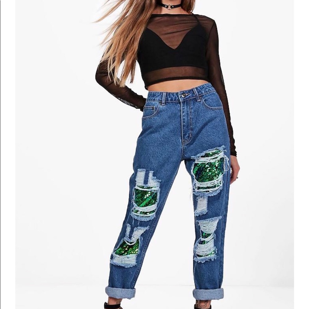 Distressed Sequin Boyfriend Jeans